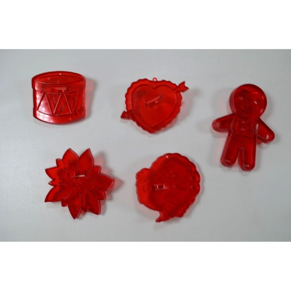 Lot of 5 Vintage Holiday Red Plastic Cookie Cutters Heart,‎ Drum, Flower, Turkey